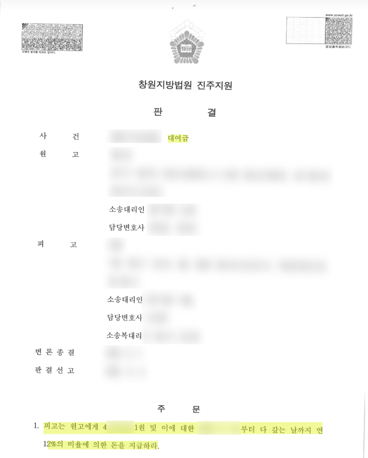 인천대여금소송변호사 대여금 판결 내용 전문
